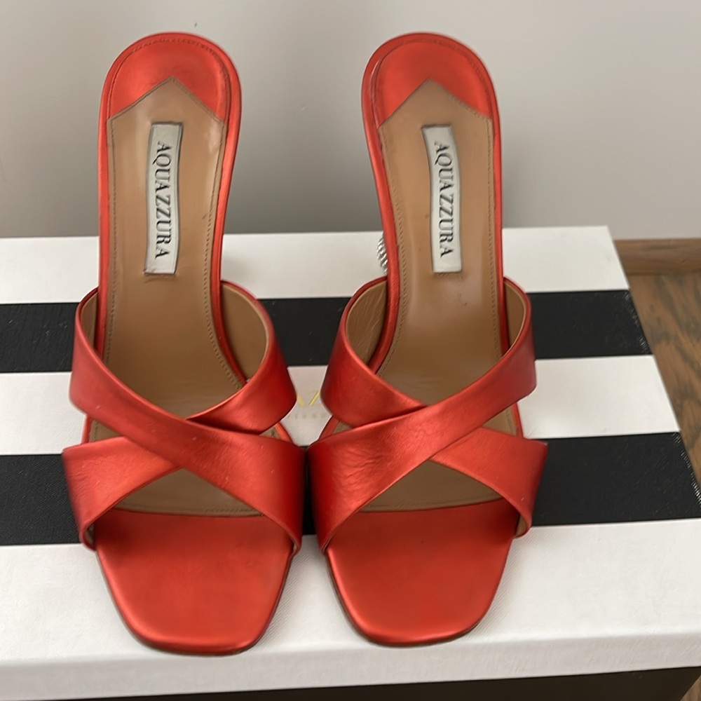 Aquazzura Red-Orange Satin Crystal Ball Heel Slide Sandals size 9.5 - Picture 3 of 7